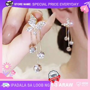 Korean Style New Shiny Butterfly Drop Stud Earrings Front-back Long Tassel with AAA Zirconia Diamonds Statement Jewelry Luxury Style for Lady Girls Wear Accessories Gifts