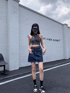 YODO กระโปรงสั้นสไตล์เกาหลี ทรงเอ ไซส์ใหญ่ สีน้ำเงินเข้ม เนื้อผ้ายีนส์นุ่ม BV99