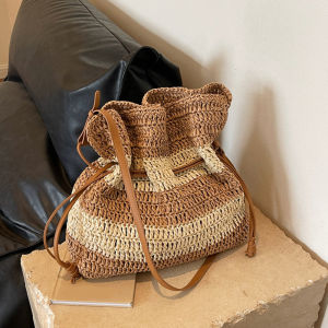 New Stripe Crochet Large Braided Bag Single Shoulder Tote Straw Braided Bag Drawstring Womens Bag
