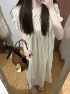Summer New Sweet Princess Style Plaid Doll Collar Long Dress Womens Loose Bubble Sleeve Knee-Over Beautiful Maxi Dress