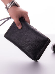 Mens Leather Handbag Soft Cowhide Large Capacity Long Wallet Zipper Mobile Phone Bag Casual Style Handheld Bag for Youth