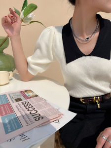 Womens Polo Neck Ice Silk Knitted Top Short Sleeve V-Neck Bubble Sleeve Short Length French Style Summer New Arrival T-Shirt