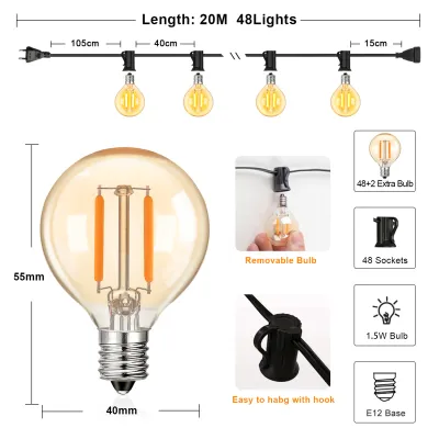 Genixgreen | G40 Decoration Outdoor LED String Lights 1.5W Globe Amber Glass Bulb Dimmable Garland Festoon Street Patio Party Hanging Lights