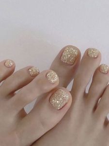 Champagne Gold Shiny Particle Toe Wear False Nails Finished Product Nail Stickers for Daily Use Bright Color Series Any Skin Type