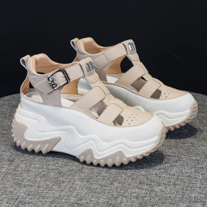 Womens Roman Style Thick Heel Sandals Summer New Leather Hollow out Casual Pig Cage Shoes round Toe mid Heel TPU Outsole