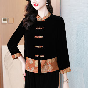 Silk Velvet Short Open Cardigan Womens Spring Autumn New Style Moms Chinese Style Stand Collar Mulberry Silk Tang Suit Top
