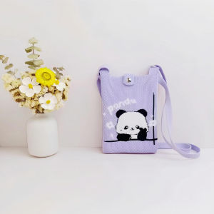 Adorable Knitted Panda Phone Bag Crossbody Coin Purse Casual Style Soft Polyester Mini Size Commuter Friendly Washable