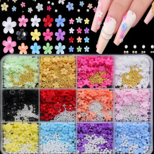 12Grids(1500pcs) 3D Resin Flower Nail Charms+Gold/Silver Steel Beads 3/6mm Colorful Floral Nail Decorations for DIY Nail Design