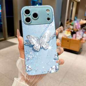 Shiny Butterfly Floral Phone Case For iPhone 11 12 13 14 15 16 17 Pro Max 14 15 16 Plus 16E 17E AIR Aesthetic Glossy Shockproof Full Camera Lens Protector Korean Pastel Blue Soft Cover Trendy Girly Gift