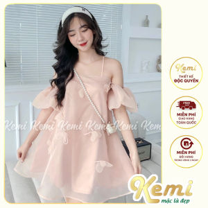 Váy tiểu thư voan tơ tay bồng điểm hoa cánh bướm Kemi cao cấp sẵn 4 màu cá tính