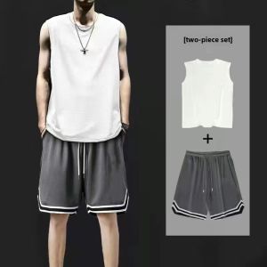 New Exercise Outfit Men Summer Waistcoat Mens Sleeveless Fitness Running Basketball Casual Shorts Two-piece Set