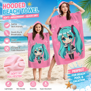 Bandai | Parent-Child Chibi Hatsune Miku Hooded Beach Towel Pink Quick Dry Absorbent Bath Robe for Adult Kids