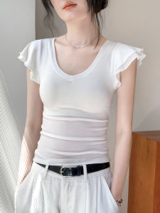 GEBEISHANG | Slim Fit U-Neck Ears Short Sleeve T-Shirt Pure Color