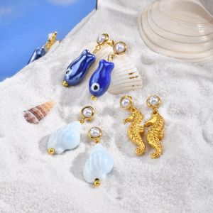 Kemstone Stainless Steel Shell Earrings with Faux Pearl & Ceramic Marine Life Summer Beach Jewelry