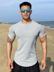 Mens Fitness Short Sleeve Cotton T-Shirt V-Neck Half-Fit Basketball Running Training Elastic Sportswear Breathable Moisture-Wicking