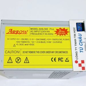 Nguồn máy tính Arrow 500W Fan 8Cm: Đầu nguồn 24 Pin (20+4 Pin) Cpu 4 Pin  2 Sata 2 ATA)