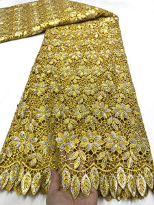 Vải Ren Guipure Châu Phi Màu Vàng Có Đính Sequin Chất Liệu Cao Cấp Kiểu Pháp Nigeria Dùng May Váy Dự Tiệc Dạ Hội