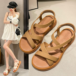 Fashion Sandals 2025 New Womens Versatile Single Strap Soft Bottom Fairy Style Flat Roman Shoes Trendy Cross Buckle Low Cut