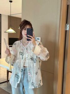 New Chinese Style Embroidered Floral Button up Light Weight Womens Shirt Spring Summer New Arrival Translucent Sun Protection Outerwear