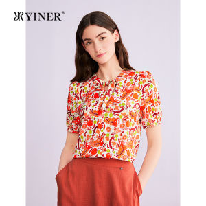 Fashion Ribbon Round Neck Silk Print Top
