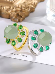 Nhẫn Bạc Nguyên Chất S925 Có Thể Điều Chỉnh Cho Nữ Nhẫn Ngọc Bích Xanh Lá Cây Và Đá Zirconia Phong Cách Dân Tộc Cho Phụ Nữ