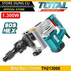 Máy đục bê tông TOTAL TH213006 Máy đục công suất 1300W tốc độ đập 3800 bpm lực đập 20J kèm 2 mũi đục 17mm máy đục 17ly