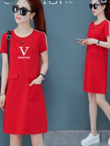 Summer Plus Size Cotton Dress with Pockets Loose Fitting mid Length Short Sleeve Womens Fashion A-Line Dress Korean Style