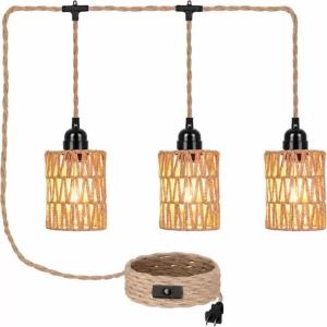JOYINLED 3-Light Plug-in Rattan Chandelier with Hemp Rope Cord ON OFF Switch Woven Wicker Pendant Light for Dining Room Bedroom
