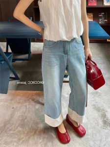 High WAist Lace TrimPatchwork Straight Leg Jeans Women Casual Blue Jean Dungueeasseasonwear Straight Leg Trouspeaasseasonwear Lace Trim High Waist Loose Fit Nine-Piece Jeats