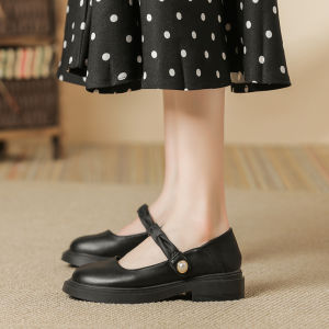 Black Mary Jane Flat Bottom Genuine Soft Leather Womens Shoes Travel Fashion Single Shoes Retro Style Pearl Embellished