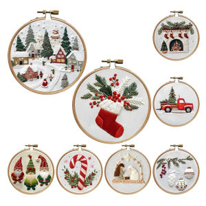【HOSPORT】Christmas Cross Stitch Set Includes Hoop Cloth Threads DIY Needlepoint Kit Handmade Sewing Art Craft Kit for Beginners【1-3 days delivery】