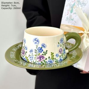 Retro Original Design Color Block Green Carnation Ceramic Coffee Cup And Plate Afternoon Tea Set Gift Box Handmade Nordic Style