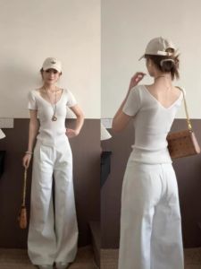 HUOLISI | French Cinched Waist Short Top White V-Neck Knit Short Sleeve T-Shirt