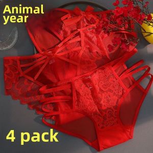 กางเกงชั้นในลูกไม้สีแดงสดสำหรับผู้หญิง กางเกงชั้นในสามเหลี่ยมคอตตอนแท้สวมใส่สบายสำหรับผู้หญิงวัยรุ่น กางเกงชั้นในเซ็กซี่ปีมังกร