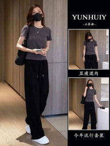 Summer Fashion Casual Womens Two-Piece Set High Waist Midi Dress Short Sleeve round Neck Solid Color Commute Style Ensemble