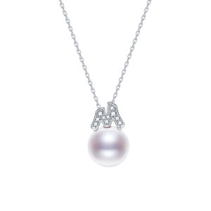 Silver Freshwater Pearl Necklace 10-11mm Round M Design Pendant