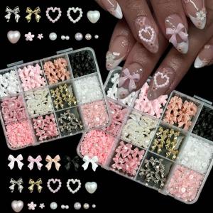 6Grids 3D Multi-Color Resin Bowknot/Flower Nail Charms Pearl HeartAlloy Ribbon Nail Art Decorations for DIY Manicure Accessorie