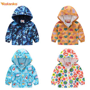 Rolanko Childrens Coat Fashion Dinosaur Printing Hooded Windbreaker Jacket Students Waterproof Zip Cute Dust Coat 2-7 Years
