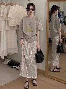 Silver Sequin Mini Midi Skirt Womens Summer New High Waist A-Line Wrap Bodycon Skirt Slit Korean Style Commute Pure Color