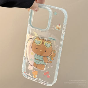 Foldable Skateboard Kitty Mirror Stand Phone Case for iPhone Creative Cartoon Design Black Leather Shell Compatible with Apple Models