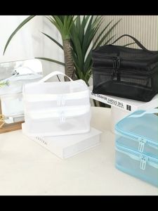 Double Layer Cosmetic Bag Travel Mesh Cosmetic Storage Bag Toiletry Bag Beauty Case Makeup Organizer With Handle Large Capacity Travel Wash Bag