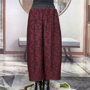 High Waist Wide Leg Pants Elastic Waist Loose Fit Straight Cut Flower Burnout for Middle-Aged And Elderly Mothers up to 200 Pounds