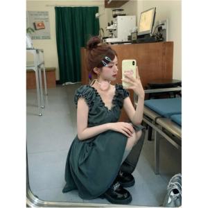 ชุดเดรสเด็กผู้หญิงคอวีแขนสั้นผ้าเดนิมทรงเอเข้ารูปเอวสูงผ้าฝ้ายลายดอกไม้ฤดูร้อน ชุดเดรสกระโปรงสั้นผู้หญิง