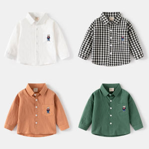 Thickened Cotton Plaid Long Sleeve Shirt for Boys Spring Autumn Season Casual Style Embroidered Bear Design Square Collar Baby Clothes