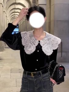 เสื้อเชิ้ตผ้ากำมะหยี่คอตุ๊กตาลูกไม้แฟชั่นฤดูใบไม้ร่วง/ฤดูหนาวสำหรับผู้หญิง เสื้อตัวบนสไตล์ไฮเอนด์แบบมีสไตล์และทันสมัย ​​เสื้อผ้าทำงาน