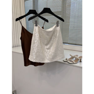 Elegant Short A-Line Skirt with Shiny Sequins Heavy Work Fashionable Swan Lake Design High Waist Pure Color Commute Style Womens Skirt