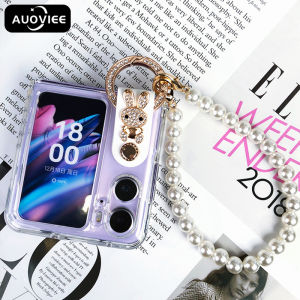 AUOVIEE Cute Rhinestone Rabbit Bracelet Transparent Phone Case for OPPO Find N2 Flip Metal Bunny Case For FindN2 Flip Back Cover