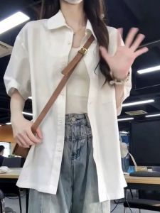 Chic Korean Style Pure Cotton Red Long Sleeve Shirt Loose Fit Polo Collar Layering Outerwear Cardigan for Young Women