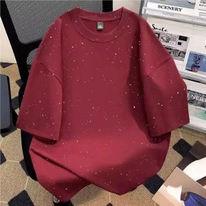 PAZHAOLANG | Oversized Glitter Wine Red Breathable Cotton T-shirt