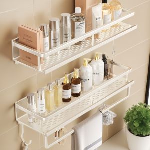 Bathroom Wall-Mounted Storage Rack No-Drilling Space Aluminum Hanging Shelf Toilet Organizer Bathroom Accessories Creamy Style